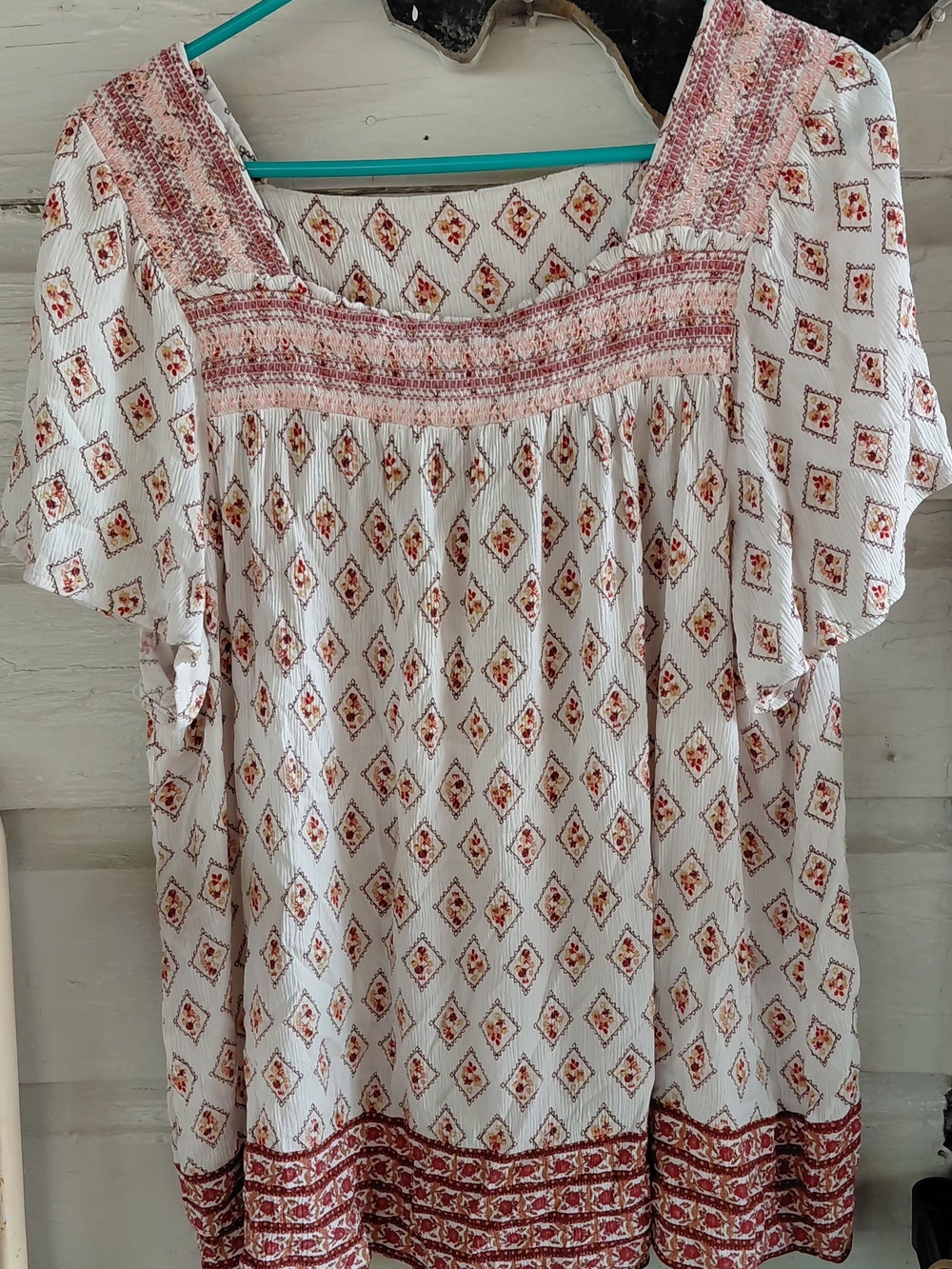 Westbound White Peasant Blouse with Rust Diamond Print